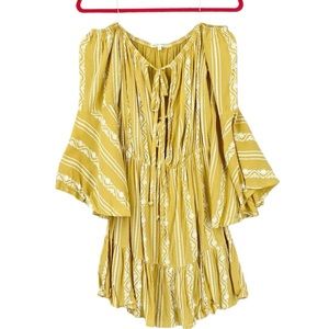 Malibu Days Women’s Off The Shoulder Flare Sleeve Textured Mini Dress Yellow SzM